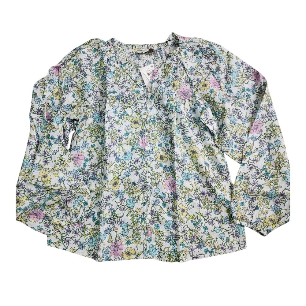Charter Club Floral Linen Top Button Ruffle Neck Long‎ Sleeve Peasant Bloom XS
